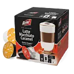Café René Latte Macchiato Caramel Packung und Kapsel für Dolce Gusto
