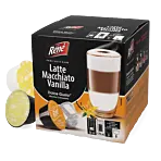 Café René Vanilla Latte Macchiato Packung und Kapsel für Dolce Gusto
